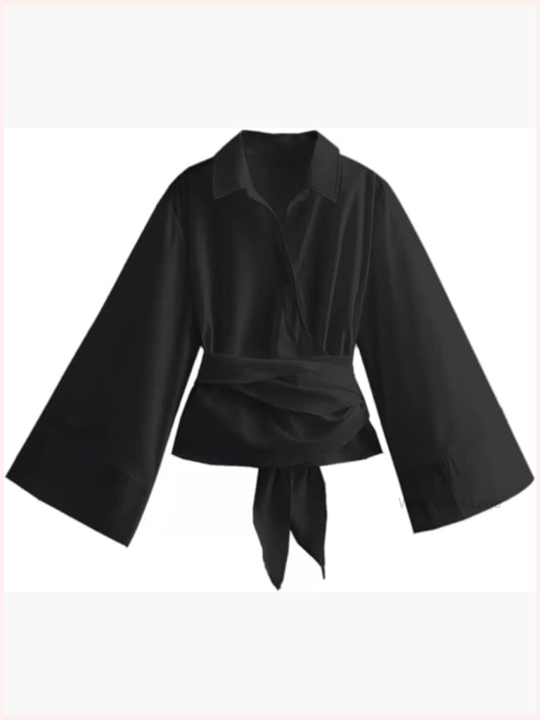 Casual Polo Neck Bow Tie Double Breasted Poplin Shirt